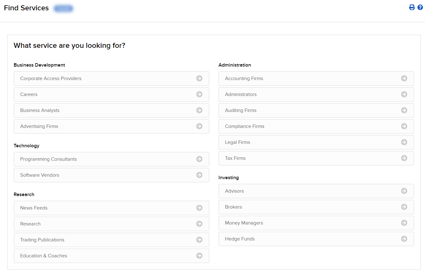 Image of the find services in the investor's marketplace in Portal. 